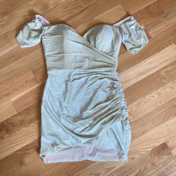 Portia & Scarlett Gold Off Shoulder Corset Ruched Mini Dress NWOT Dress sz 10 - Picture 3 of 7